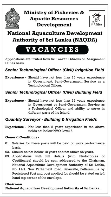 Senior Technical Officer (Civil), Quantity Surveyor - National Aquaculture Development Authority of Sri Lanka